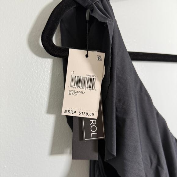 La Blanca Ruffle Plunge One-Piece Swimsuit Black 16 Tummy Control Resort - Picture 6 of 7